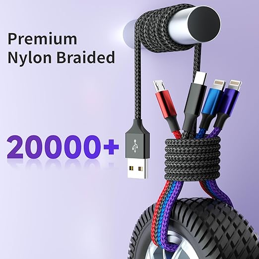 Dual IP 4 in 1 Multi Charging Cable [1Pack 5FT], Nylon Phone Charger USB Cable, Travel Charging Cords with IP/IP/Type C/Micro Port, Compatible with Most Cell Phones/Tablets and More