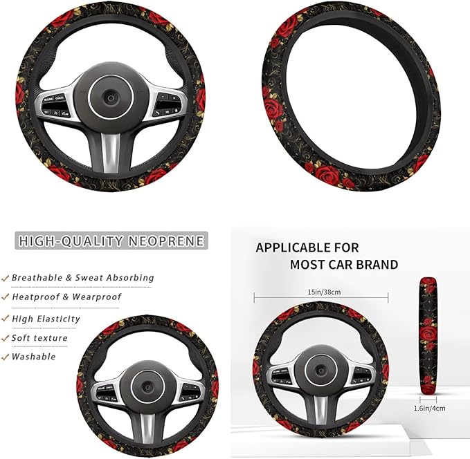 Red Rose 6pcs Car Steering Wheel Cover Set Flower Print Cup Coaster Handbrake Gear Cover Car Interior Accessories Fit Vans Trucks,SUV