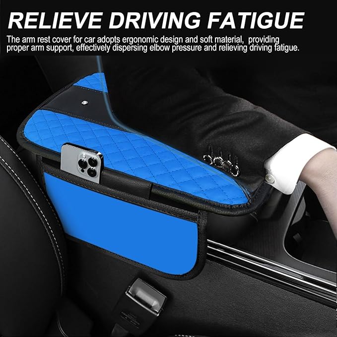NBTEPEM Bling Crown Car Center Console Armrest Cover, Leather Middle Console Cover Cushion with 2 Storage Bags, Car Armrest Storage Box Interior Accessories for Most Vehicles(Blue)