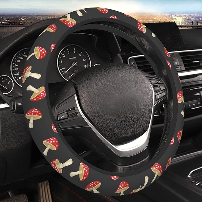 Cute Mushroom Steering Wheel Cover Women Men Elastic Stretch Soft Car Wheel Protector Universal Breathable No-Slip Car Accessories for Truck Van SUV Auto Fit 14-15 Inches