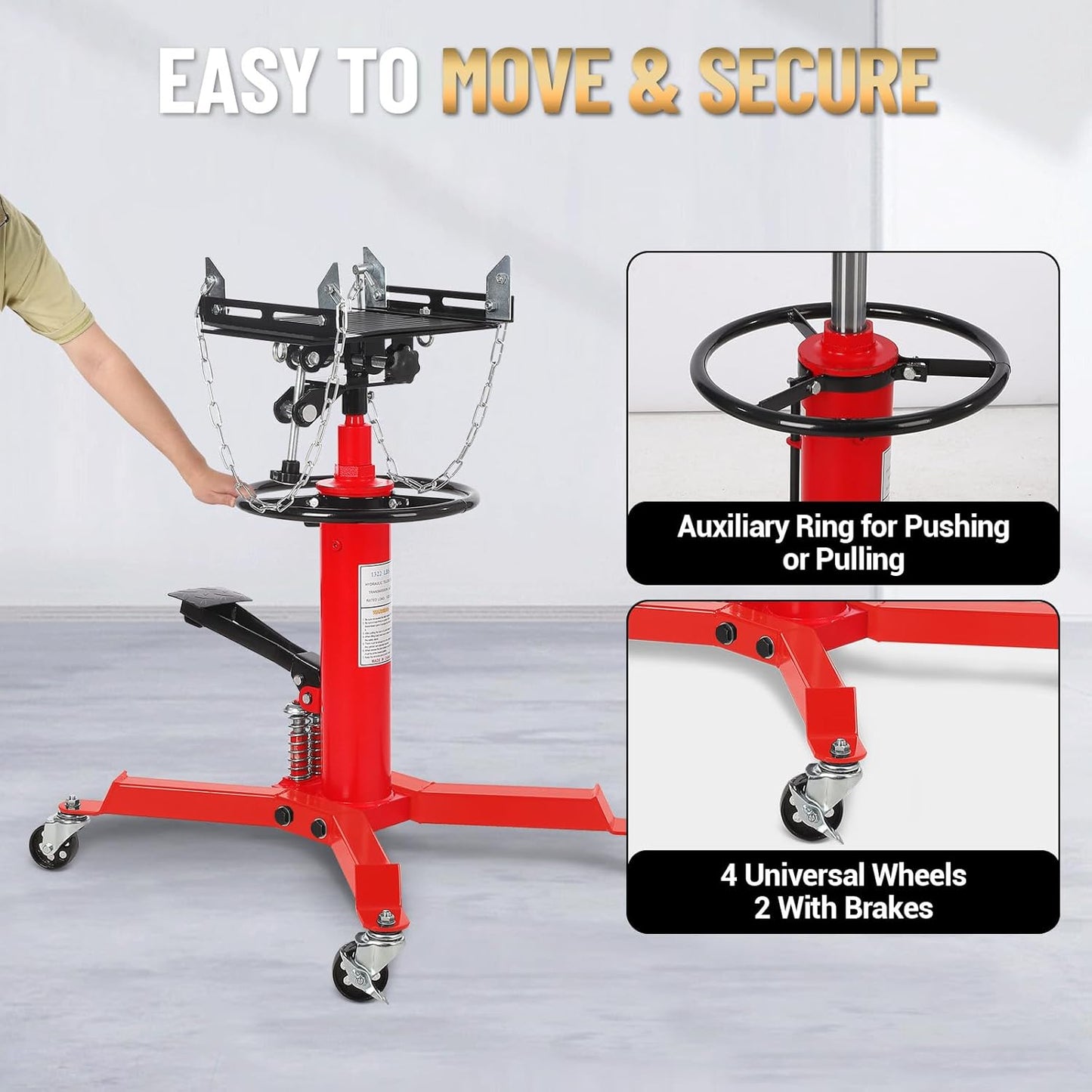 Transmission Jack with 2 Stage Hydraulic Ram, 1322 LBS Hydraulic Telescoping Transmission Jack with Foot Pedal & 360° Swivel Wheels, Heavy-Duty Garage/Workshop Jacks for Car/Truck Repairs, Red