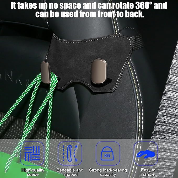 Car Headrest Hook, 2PCS Suede Vehicle Back Seat Storage Hanger with Double Metal Hook, Automotive Seatback Organizer for Purse Handbag Coat, Compatible with Most Sport Seat (Black)