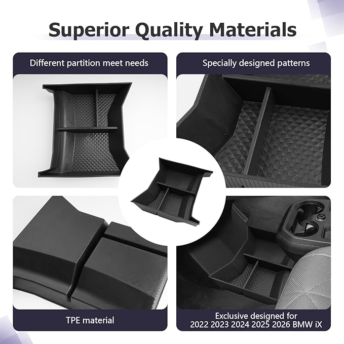 LUWU 2025 2026 B MW iX Lower Center Console Organizer for 2022-2026 iX xDrive45 xDrive60 M70 Accessories Armrest Console Storage Box Armrest Organizer Insert Tray Glove Organizer Tray TPE Material