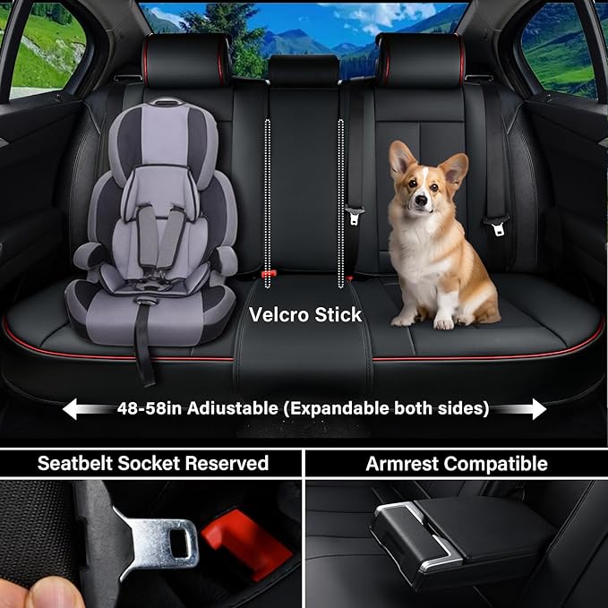 Coverado Seat Covers, Car Seat Covers Full Set, Leather Seat Covers for Cars, Car Seat Protector, Black Car Seat Covers Front Seats and Back Seats Universal Fit for Most Cars Redline