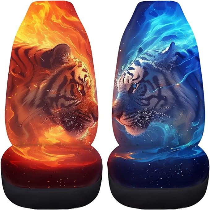 Cool Tiger Car Seat Covers Breathable Front Seat Covers Easy Installation Stretch Polyester Fabric Cover Protection Interior Accessories Universal Fit Most Cars SUV