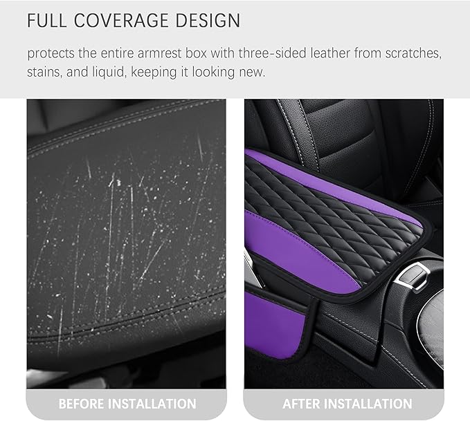 IHOTDER Patchwork Leather Center Console Covers for Cars,Upgraded Arm Rest Cover for Car with Side Storage Pocket for Car Seat Organizer,Middle Console Cover Stylish Car Decoration (Purple)