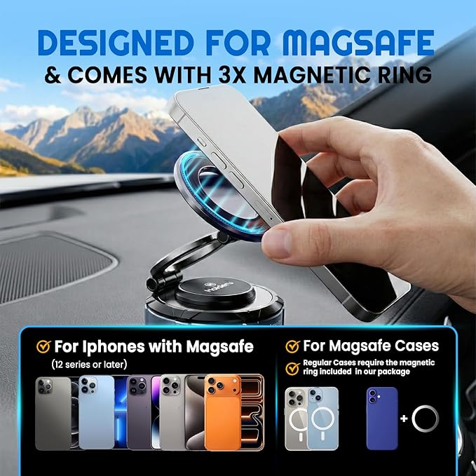 Magnetic Phone Holder for Car - 3 Holder Bundle | MagSafe Compatible Car Mount (Dashboard, Air Vent & Steering Side) Strong Magnet & Nano Gel Suction for iPhone 17 Pro Max, 16, 15, 14 & Android