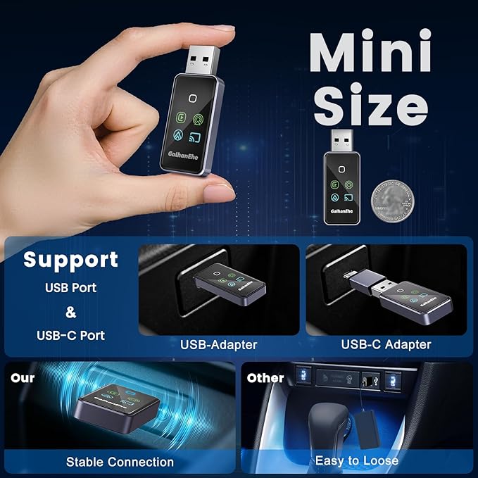 4-in-1 Screen Mirroring Adapter for Car – Mirror Phone to Car Screen (iPhone & Android), Wireless CarPlay Adapter with AirPlay & Mirror Link, Stream Videos, Plug & Play, Stable Connection