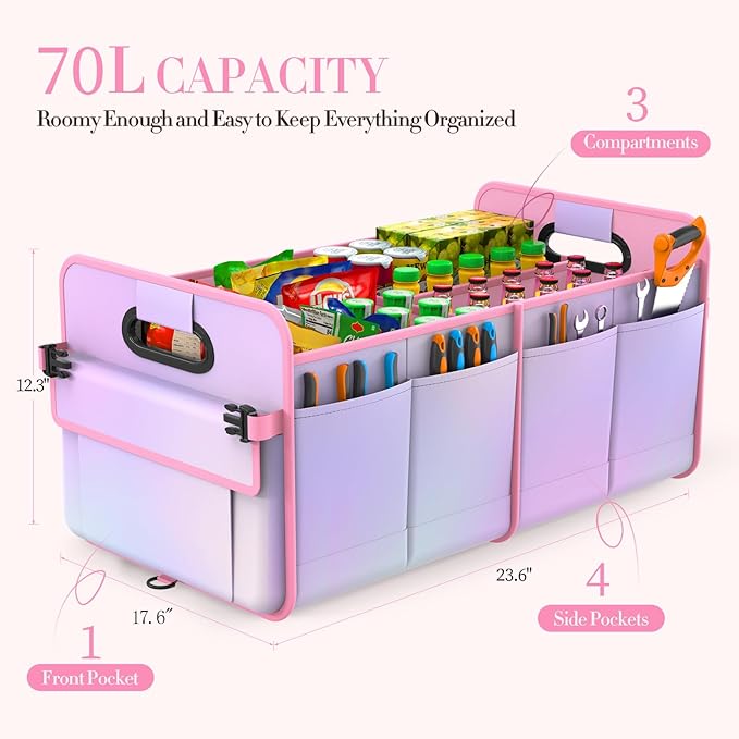 titiyiof Trunk Organizer For Suv&Sedan,Car Organizers & Storage, Waterproof Collapsible & Adjustable Straps,70L Sturdy Car Organization for Car Accessories,Tools,Sundries,2-3Compartment(Colorful Pink)