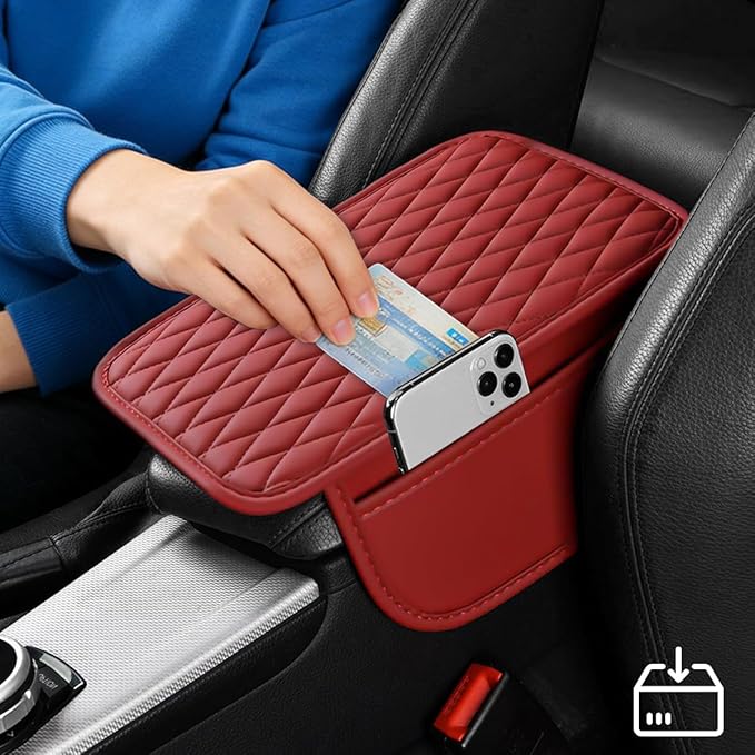 Car Armrest Cushion Pad, Leather Vehicle Center Console Cover with 2 Storage Bags, Non-Slip Automotive Interior Arm Rest Seat Box Cover Accessories, Universal for SUV RV Sedan (Rose Red)