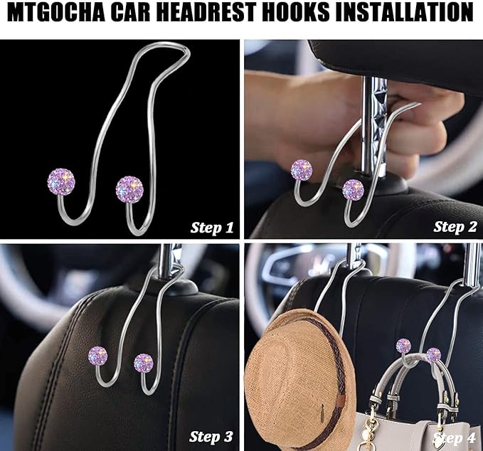 MTGOCHA Bling Purse Hook for Car Headrest, Upgraded Cute Car Seat Hooks for Bag Handbag, Durable Stainless Auto Purse Hanger Holder 2 Pack, Light Purple