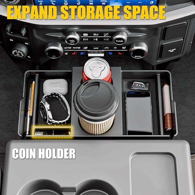 Front Center Seat Headrest Organizer Compatible with 2011-2026 Ford F150 F250 F350 F450 F550 F650 Cup Holder Coin Container Storage Box with Silicone Pads Accessories (Jump Seat Console Only)