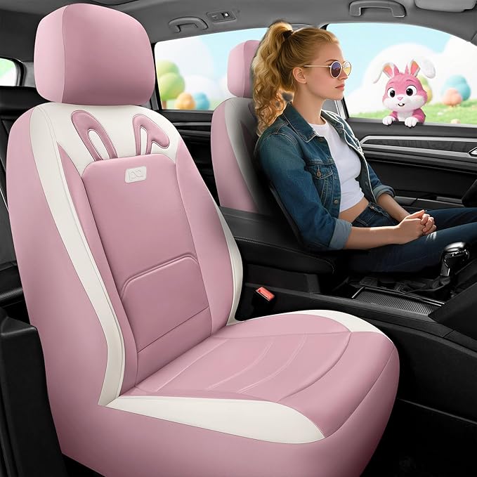 PIC AUTO Car Seat Covers, Cute Rabbit Premium Pink Leather Seat Covers, Universal Fit Front Seat Covers for Cars, Trucks, SUVs, Soft & Wear-Resistant Auto Interior Protection with Airbag-Compatible