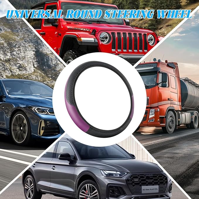 Car Steering Wheel Cover, Elastic Stretch Leather Non-Slip Vehicle Steering Wheel Guard, Automotive Interior Protective Decor Accessories, Universal for SUV RV Truck (Black/Purple)