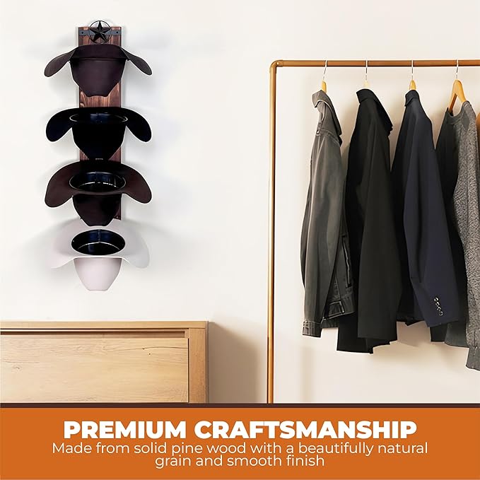 Cowboy Hat Rack for Wall | Western Hat Hanger | Rustic Wood and Metal Holder