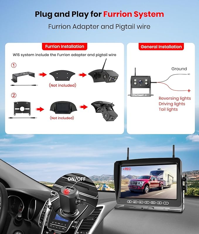 RV Backup Camera for Furrion pre-Wired System Pre-Wired:7" HD 1080P Video Recording Split Screen Rear View Camera,170°Wide Angle with IR Night Vision Back up Camera for RVs Campers and Trailers