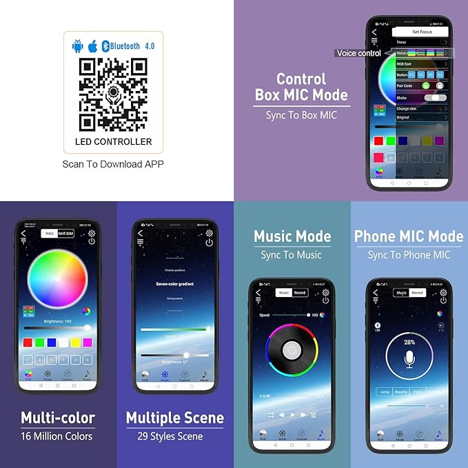 ICBEAMER RGB Interior Car Lights - Interior LED Strip Smart Phone Control APP Color Floor Matt Light w/Sound Active Function Atmosphere Under Dash/Seat Car Charger DC 12V Lighting Kit