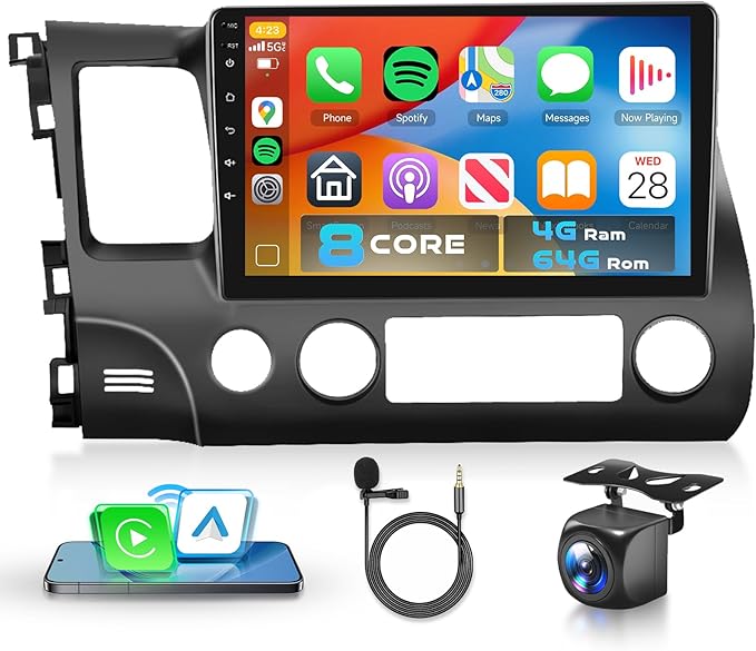 Qualcomm 8Core 4G 64G Radio for Honda Civic 2006-2011 Car Stereo with 10.1inch 1280x720P QLED Touch Screen 5.1Bluetooth 5G WiFi DSP FM Wireless CarPlay Android Auto GPS Backup Camera