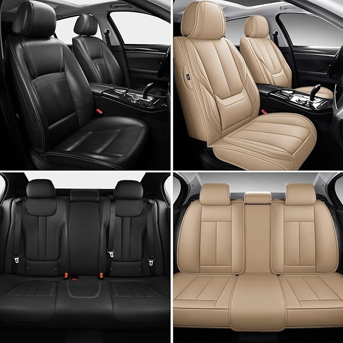 Car Seat Covers Full Set,Black Beige Car Seat Cover, Car Seat Protector Waterproof, Nappa Leather Car Seat Cushion, Fit for Most Cars
