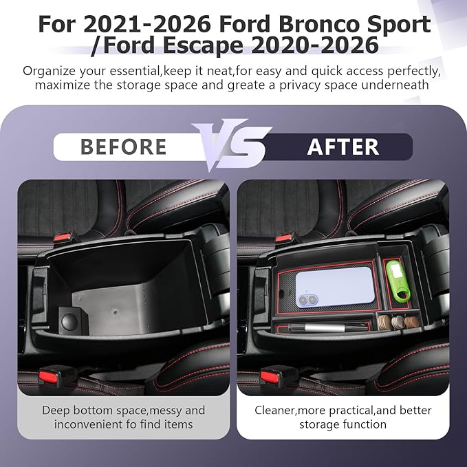 LUWU Center Console Organizer Compatible with Bronco Sport 2021-2026/Ford Escape 2020-2026 Accessories Armrest Console Storage Box Insert Tray ABS Material Black Coin Container Red