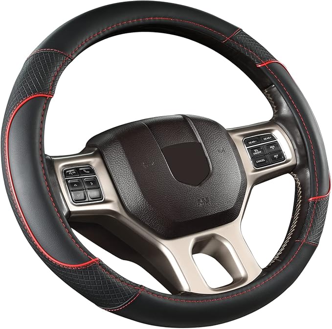 GIANT PANDA Car Steering Wheel Cover for Dodge Ram 1500 2500 3500 15.5-16 inches- Black+Red Trim
