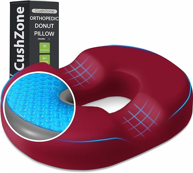 Donut Pillow Seat Cushion - Cooling Gel Outdoor Chair Cushions, Memory Foam Seat Cushion for Office & Home, Car Seat and Patio Furniture Cushions, Hemorrhoids Pillow and Tailbone Pain Relief, Red