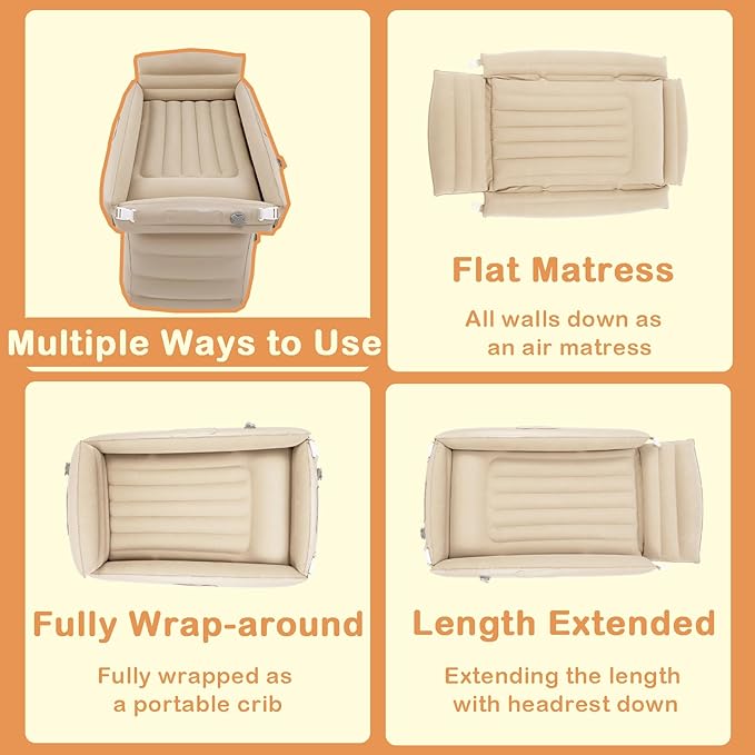 Toddler Travel Bed, Inflatable Airplane Bed for Kids with Side Rails, Pump, Safety Belt, Repair Kit & Carry Bag, Family Travel Essentials for Airplane, Train, Bus, Car