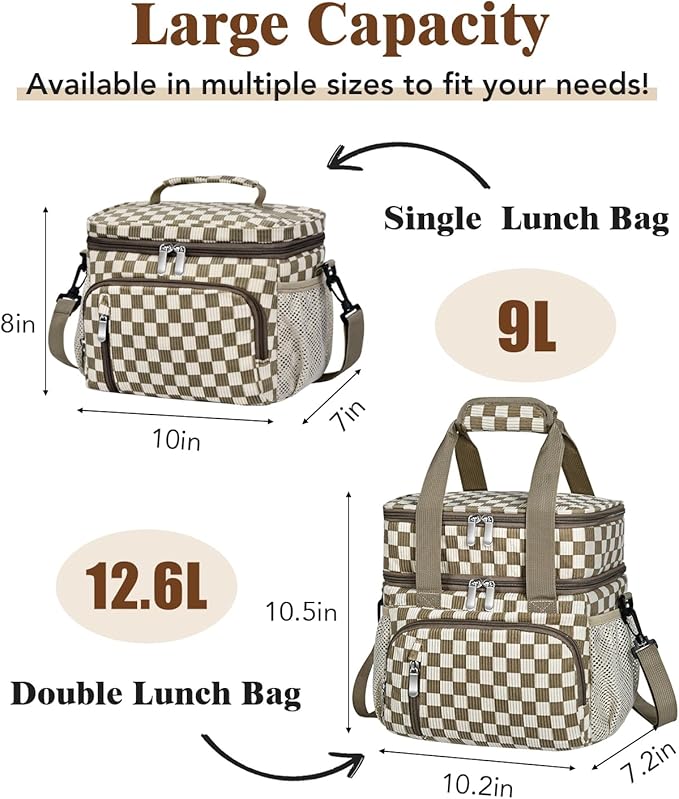 Insulated Lunch Bag for Women, Double Leakproof Lunch Box Soft Cooler Tote with 5 Pockets, 600D Oxford, EVA Lining, Adjustable Strap for Work, Picnic, Beach&Travel- Corduroy Khaki Checkered