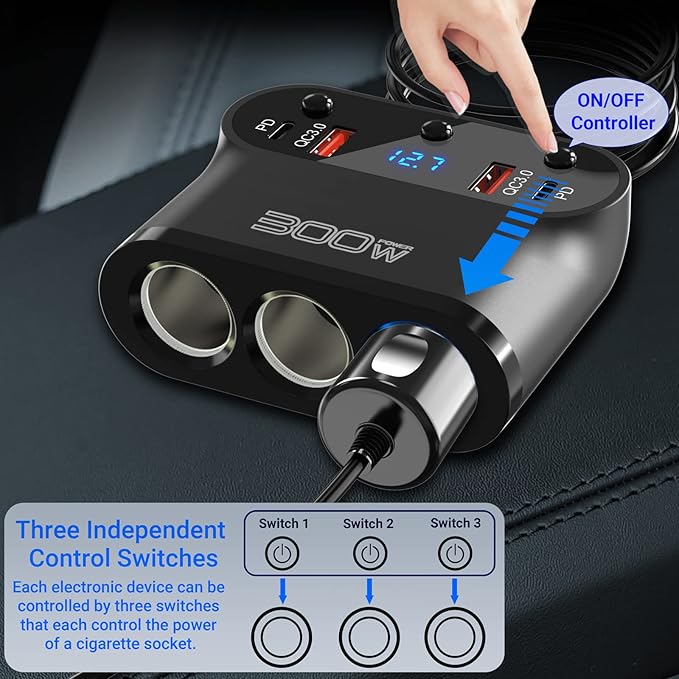 7 in 1 Cigarette Lighter Adapter: Ouffun 300W 3 Socket Car Charger Extensions 12V Splitter with Dual PD USB C 30W and QC3.0 18W 12V USB Outlet Ports, 12 Volt Car Plug with LED Voltage Separate Switch
