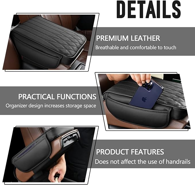 wuyaoyao Car Center Console Cover, Leather Car Armrest Box Cover, 12.40"×8.46"×1.97" Arm Rest Pad with Pockets, Soft Auto Armrest Storage Box Protector, Universal Interior Car Accessories (Black)