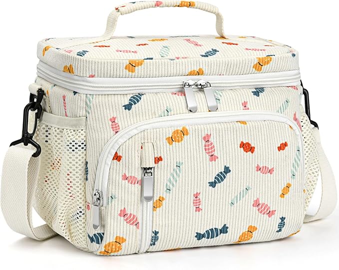 Insulated Lunch Bag for Men & Women, 9L Leakproof Lunch Box Soft Cooler Tote with 5 Pockets, 600D Oxford, EVA Lining, Adjustable Strap for Work, Picnic, Beach&Travel-Corduroy Colorful Candy