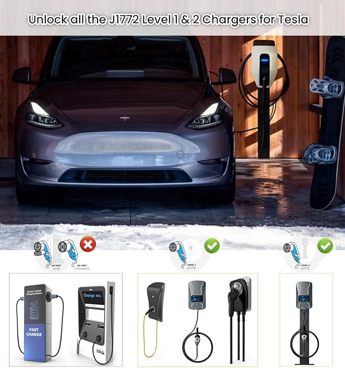 J1772 to Tesla Charger Adapter for Tesla Model Y 3 X S Cybertruck,Tesla Battery Charging Accessories,SAE J1772 EV Adapter [Max 80A, 250V] of L2 Chargers for Tesla Cars ONLY, Not for DC Fast Chargers