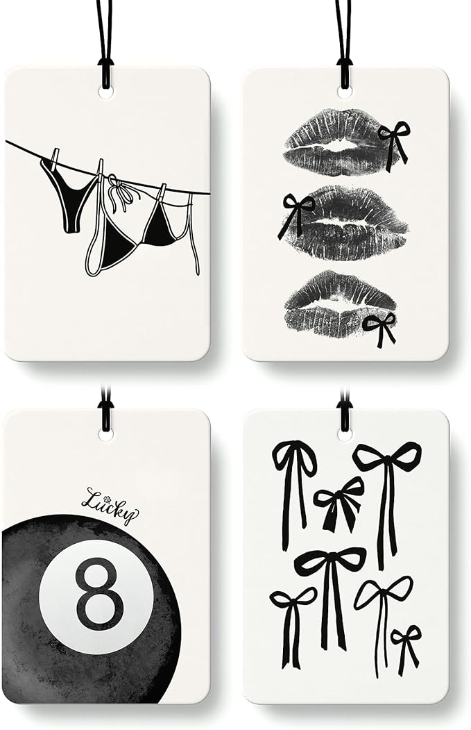 Girly Coquette Black Bow Cologne Car Air Freshener 4 Pcs, Retro Trendy Lucky 8 Ball Lip Hanging Air Freshener for Cars Bathroom Dorm Books Decor, Vintage Cute Accessories Gifts for Women Girls