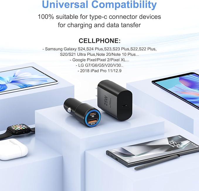 Samsung Super Fast Charger Type C Kit,25W PD USB C Wall/Car Charger for Samsung Galaxy S26/S25/S24/S23/S22/Plus/Ultra/FE/Note 20/10/A71,2020/2018 Pad Pro/Air,with 2X USB C-to-C Cable(6.6ft)
