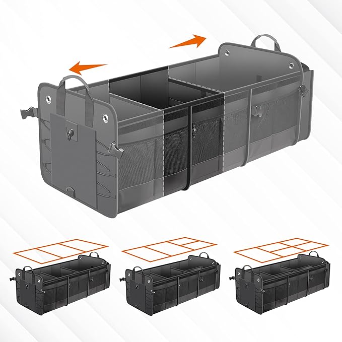 Car Trunk Organizer with Lid & Removable Leakproof Cooler Bag，Foldable Cover,Large Trunk Organizers,Multi-Compartment Collapsible Cargo Storage Organizer for SUV,Van,Truck,Sedan(3 Compartments,Black)