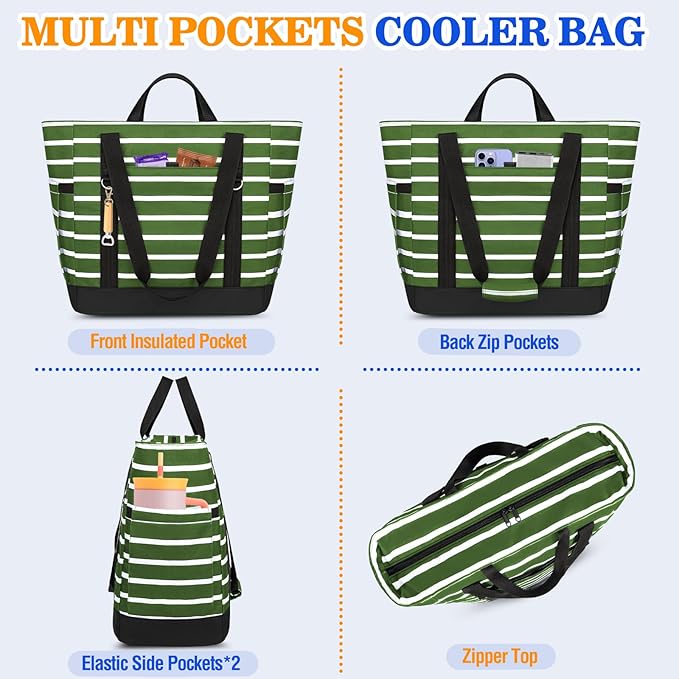 HUANLANG Soft Cooler Bag Insulated for Travel,Large Insulated Grocery Bags with Zippered Top,PEVA Collapsible Food Delivery Cooler Bag for Beach, Travel, Picnics
