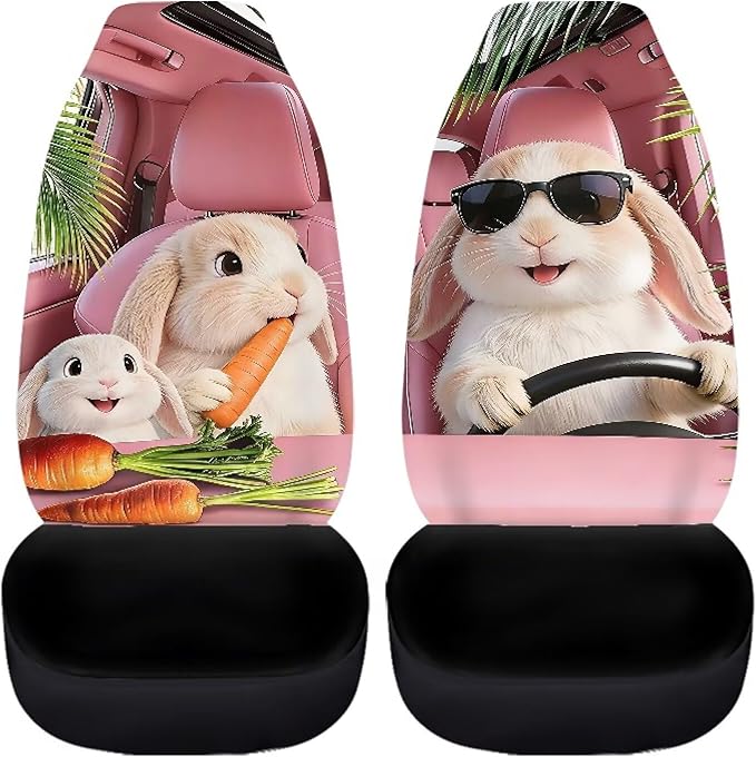 Cute Car Seat Covers Breathable Car Seat Covers for Front Seats Rabbit Removable Automotive Accessories Anti-Slip Back Fabric Compatible with Most Cars,SUV,Sedan