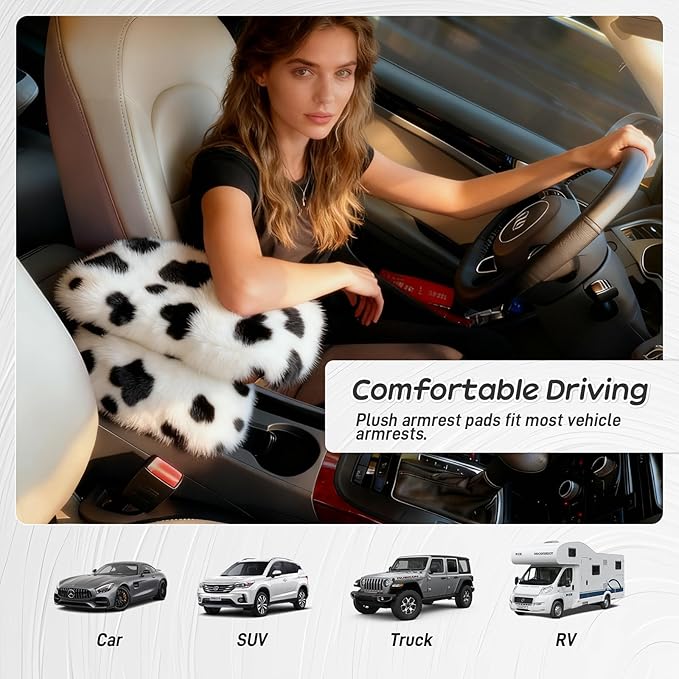 Fluffy Car Armrest Cover with Side Pockets – Plush Fuzzy Fur Center Console Armrest Cushion Pad, Universal Winter Car Interior Protector, Soft Arm Rest Cover with Storage for Women & Men (COWS)