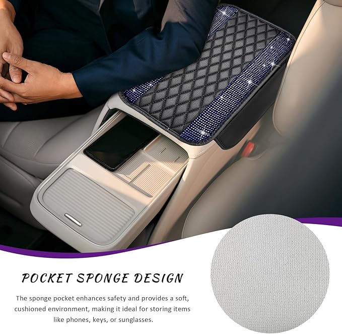 Sun Walker Bling Car Center Console Cover, Anti-Scratch Car Armrest Seat Box Cushion Pad with 2 Storage Bags, Leather Middle Console Protector Crystal Interior Accessories for Most Cars (Blue)