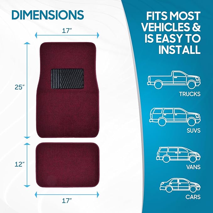 BDK Premium Burgundy Carpet Floor Mats for Cars - Universal Fit Interior 4-Piece Car Mats Full Set with Vinyl Heel Pad Protector - Cute Car Accessories Interior Floor Covers for SUVs & Trucks