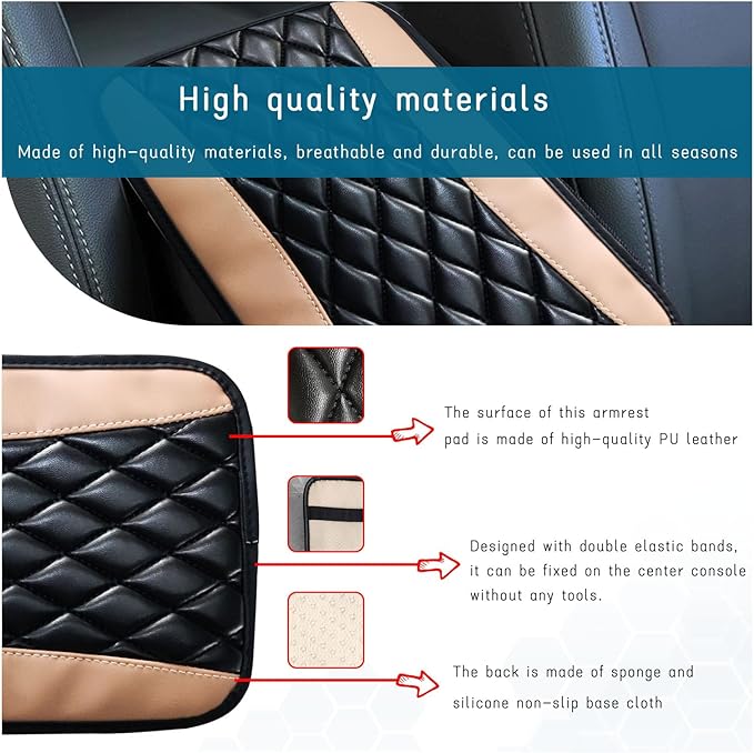 Car Center Console Cushion Pad, Universal Leather Waterproof Armrest Seat Box Cover, Comfortable Auto Armrest Cover Protector, Car Interior Decor Accessories for Most Vehicles (Black & Beige)