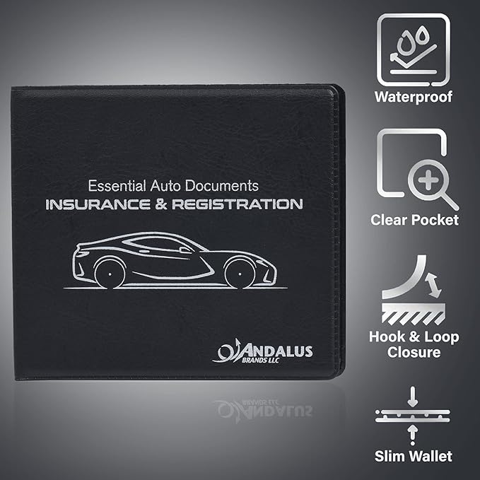 Andalus Auto Registration & Insurance Card Holder Pack of 3, Waterproof Essential Car Registration Holder with Hook & Loop Closure, Perfect for Every Vehicles Glove Boxes (Black - 5.1" X 4.6")