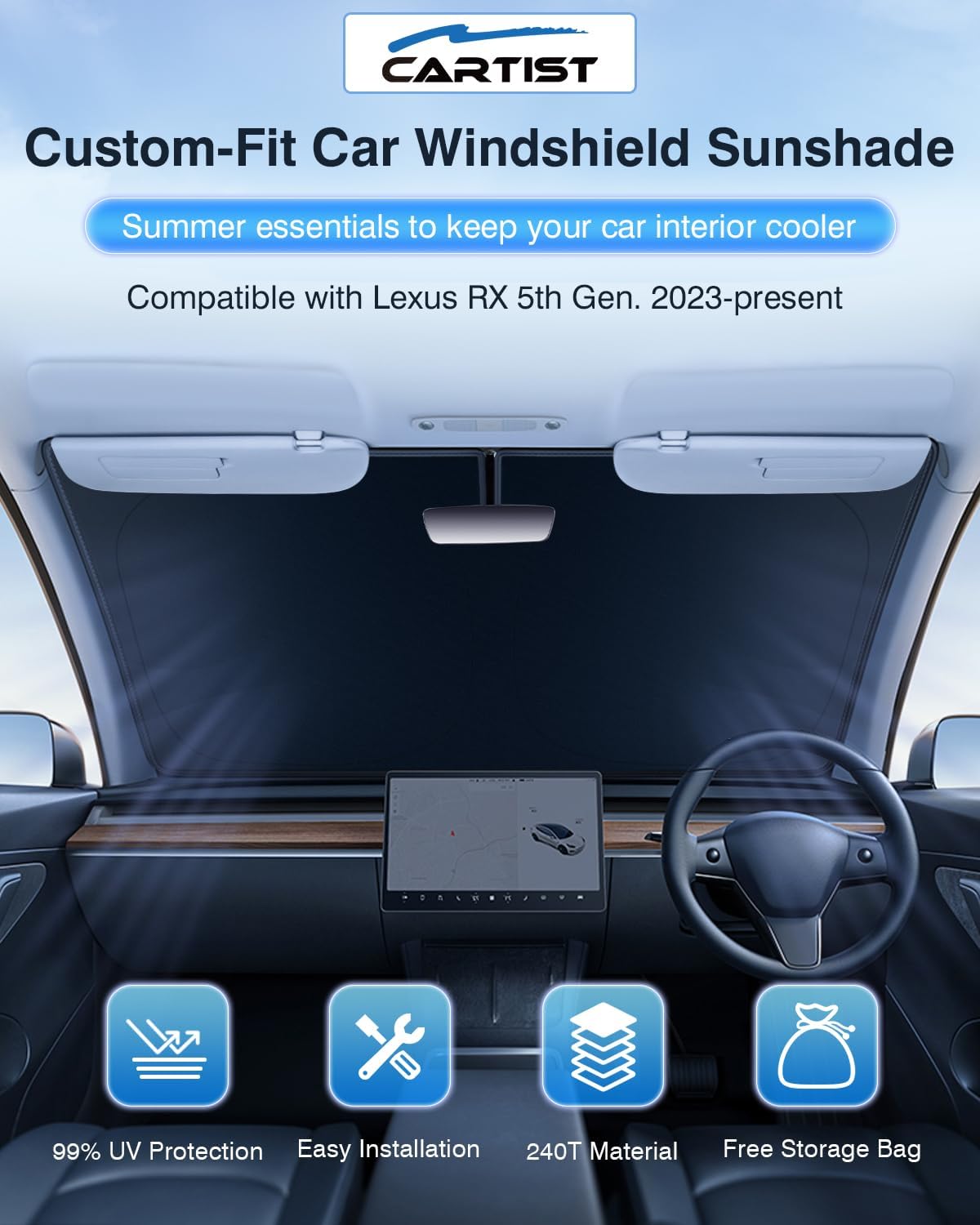 Thickened Windshield Sun Shade for Lexus RX 2023 2024 2025, Foldable Front Window Sunshade, Accessories for RX350/RX350h/RX450h/RX500h Sun Shade