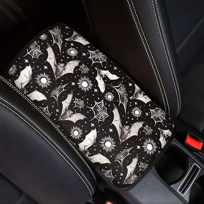 Dreaweet Starry Sky Bats Center Console Cover Halloween Car Accessories for Women Middle Console Covers for SUV Comfort Anti Slip Arm Rest for Car Armrest Storage Box Mat