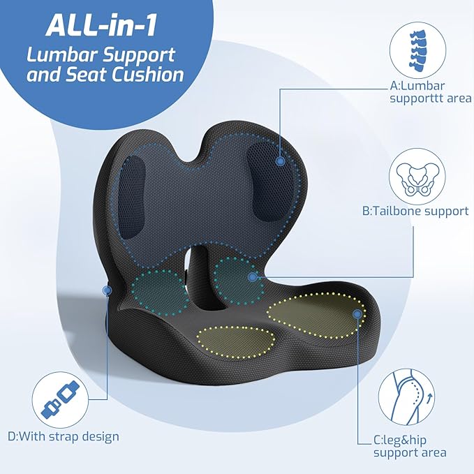 Seat Cushion,Memory Foam Chair Cushion for Office and Car,Ergonomic Coccyx Seat Cushion for Tailbone,Sciatic Nerve,Back Pressure Relief,Lumbar Support Pilow for Office,Car,Truck,Desk Chair