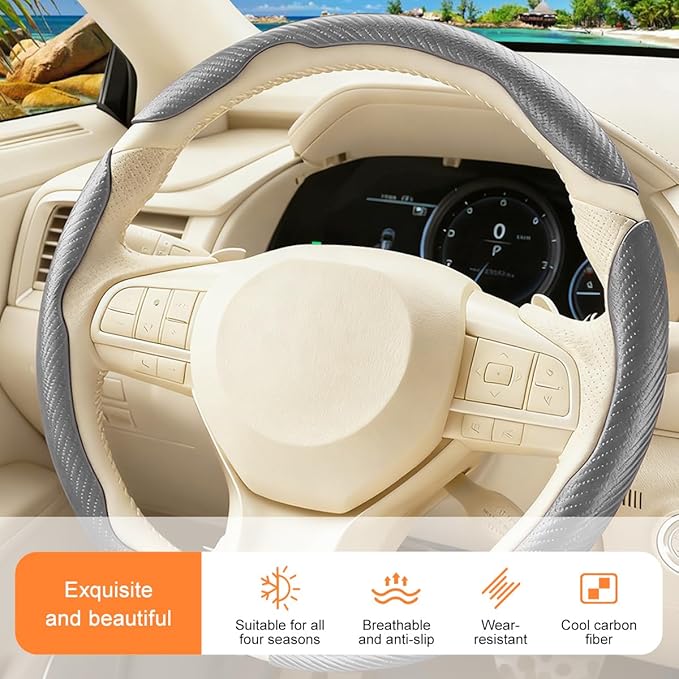 3PCS Carbon Fiber Car Steering Wheel Cover, Leather Segmented Anti-Skid Steering Wheel Protector, Snap on Automotive Interior Protection Accessories, Universal for Vehicles (Gray)