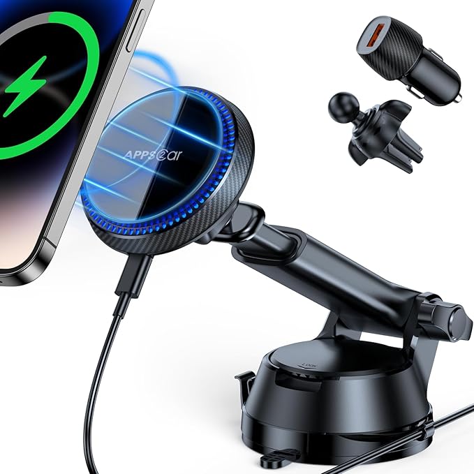 APPS2Car for 15W Car Mount Charger, for iPhone 16 Wireless Car Charger Magnetic Car Phone Holder Mount, Dashboard Windshield Vent for iPhone 16/15/14/13/12 Series, Compatible with MagSafe and Case