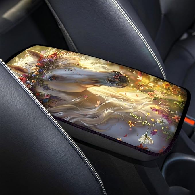Floral Horse Armrest Pad Cover for Cars Arm Rest Cushion Pads Car Center Console Cushion Non Slip Car Accessories Car Xmas Decoration