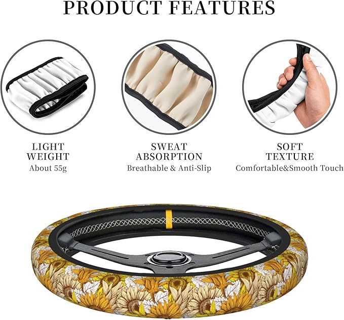 Sunflower Car Steering Wheel Cover, Non Slip Universal Wheel Protector Elastic 15 Inch Car Accessories for Men Women