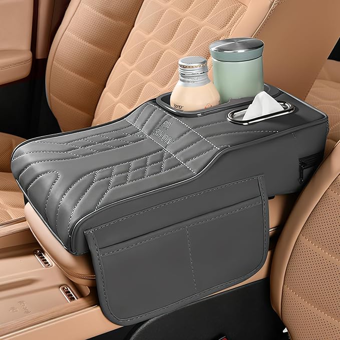 Car Center Console Armrest Pillow, 13.4"×7.5"×2" Leather Auto Arm Rest Cover with Pocket & Tissue Box & Cup Holder, Multifunctional Vehicle Armrest Cushion Pad, Car Accessories (Gray)